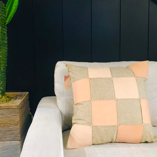 CHECKERBOARD LEATHER APPLIQUE PILLOW - GRAND